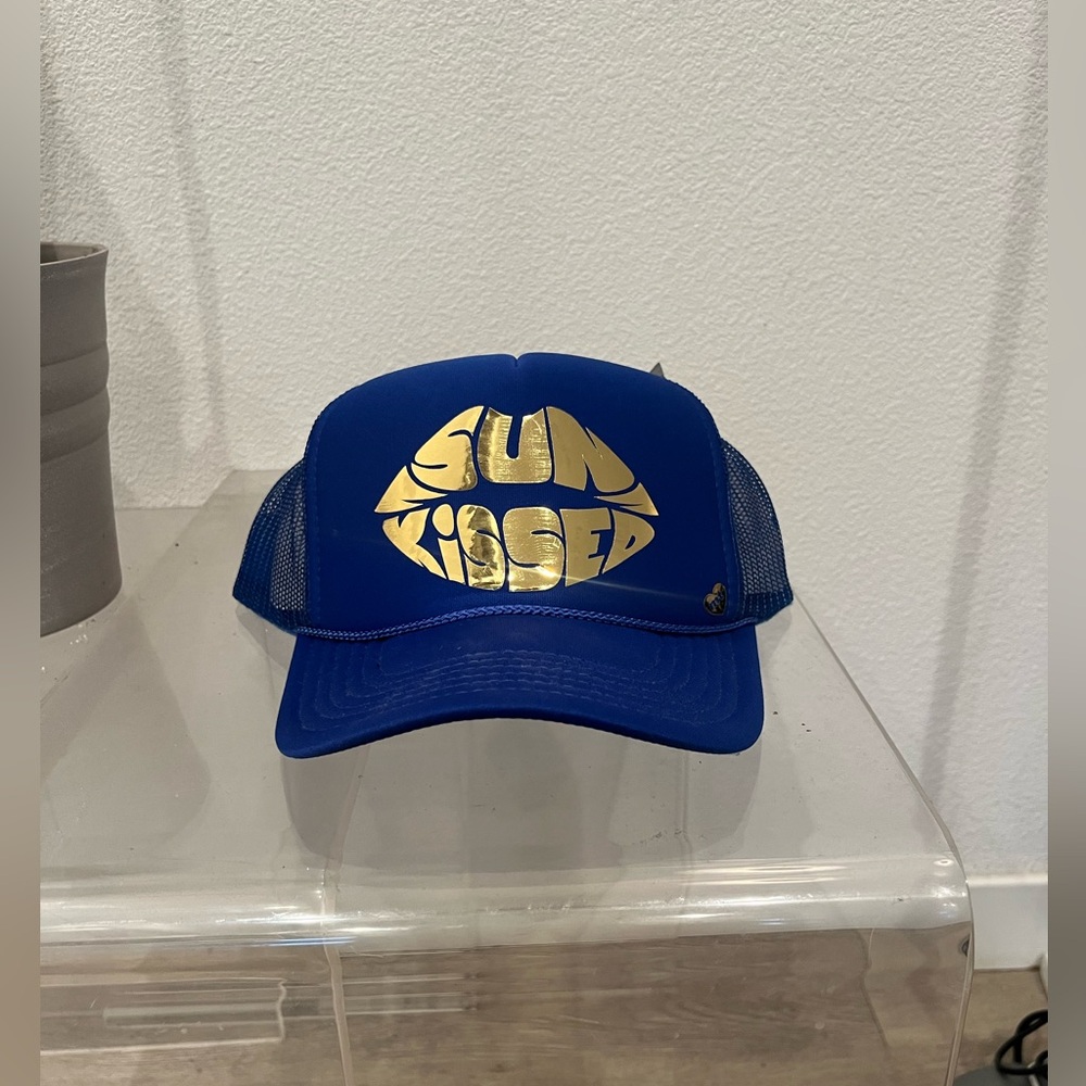 Sun Kissed Blue Trucker Hat with Gold Logo